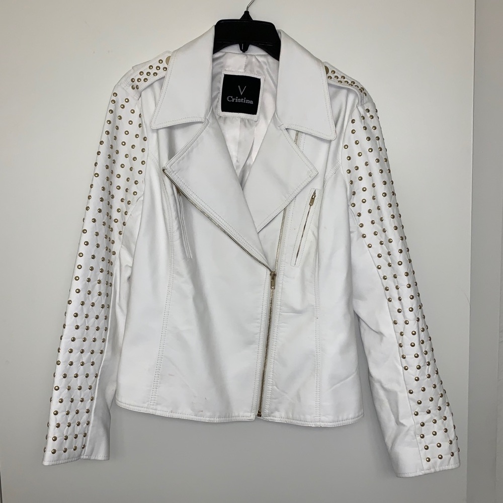 White Studded Leather Bomber Jacket